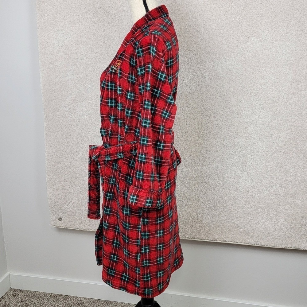 Lauren Ralph Lauren Plaid Robe‎ Women Large Red Excellent Fleece Monogram Belted - Picture 10 of 12